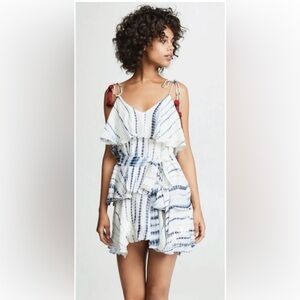 HEMANT & NANDITA BLUE WHITE TIE DYE RED FRINGE TIERED MINI DRESS GREAT COND XS